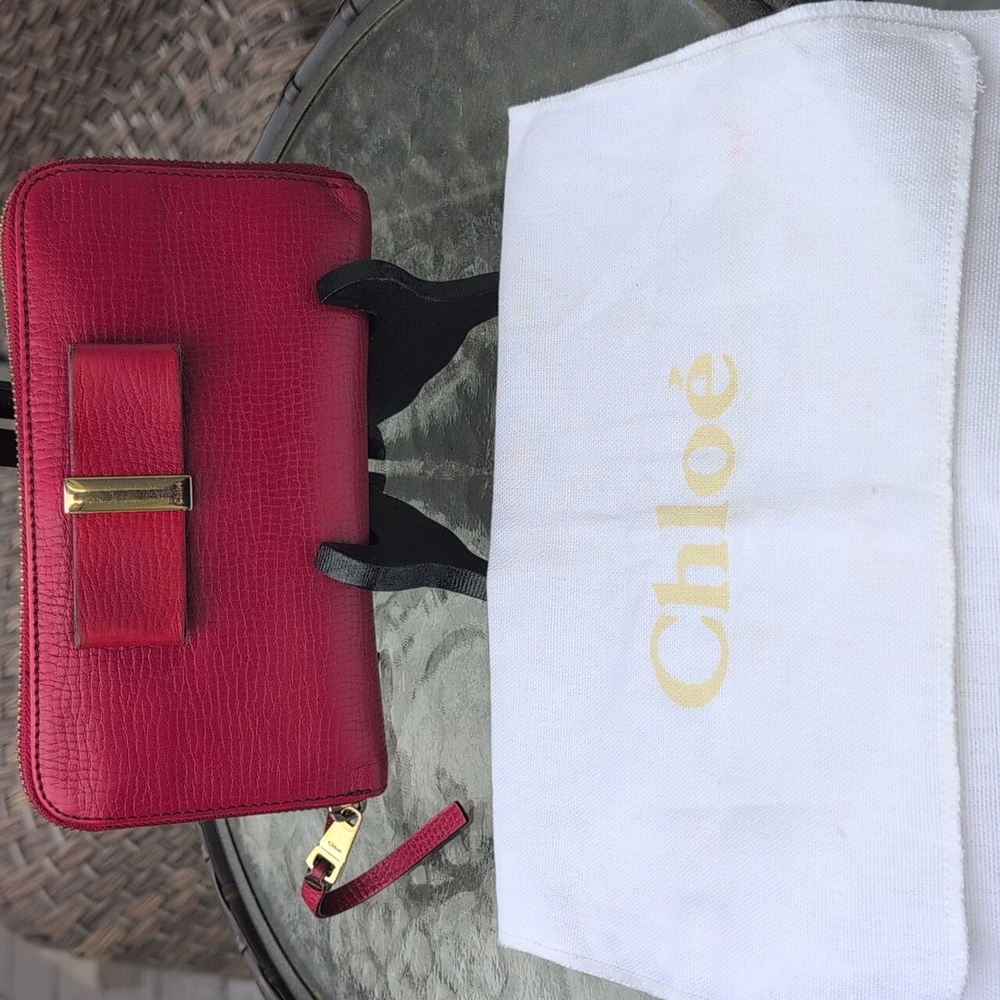 Chloe Red Leather Zip Around Bow Wallet With Dustbag - Picture 8 of 14